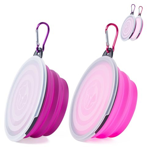 2 cuencos plegables de viaje, para mascotas, con tapa y gancho, cuenco portátil de silicona para gatos, perros, viajes, senderismo y camping (rosa y lila, pequeño)