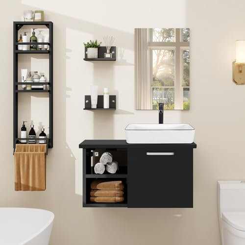 YU YUSING Set di Mobili da Bagno con Lavabo, Specchio, Portasciugamani, Arredo Bagno Completo, Mobile Lavandino Bagni da 71cm, Mensola Doccia 3 Ripiani, 2 Ripiani Muro, Set Rubinetti, Bianco