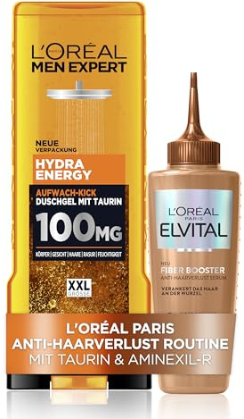 L’Oréal Paris Anti-Haarverlust Set für Männer, Mit Fiber Booster Serum & XXL 5in1 Duschgel, Gegen Haarausfall, Für dichteres & stärkeres Haar, Mit Taurin und Aminexil-R, [Amazon Exclusive], 2-teilig