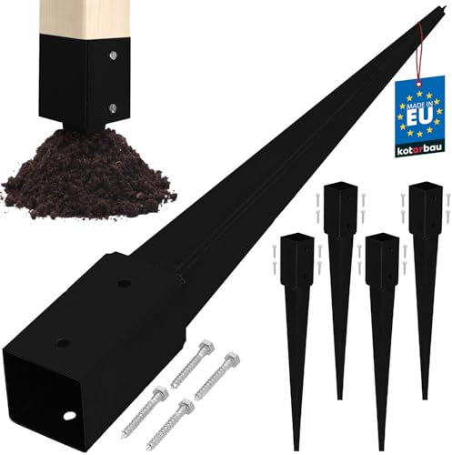 KOTARBAU® Lot de 4 supports de poteau à enfoncer - 71 x 71 x 750 mm - En acier galvanisé revêtu par pulvérisation - Piquet à enfoncer - Clôture de jardin - Piquet de terre - Ancrage au sol - Manchons