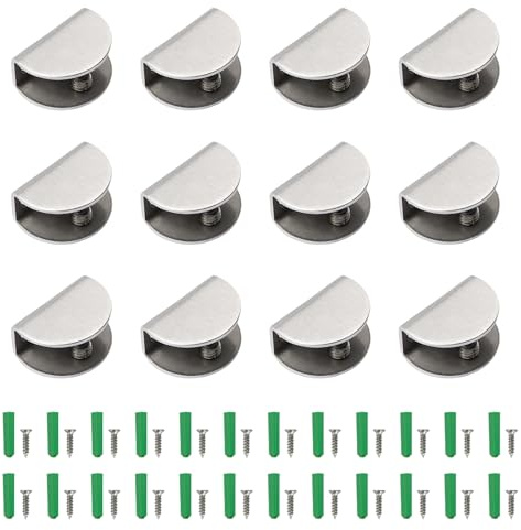 12 Piezas Soporte de Vidrio, Abrazadera de Vidrio de Acero Inoxidable, Soportes para Estanteria de Cristal Clip de Vidrio Semicírculo con Tornillos (Plata, Semicírculo, para Cristal de 8-12 mm)