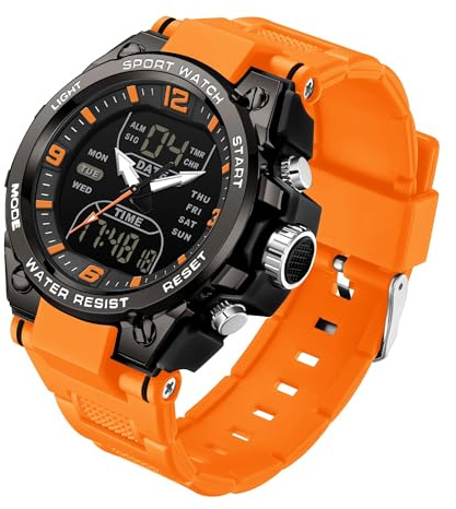 findtime Reloj de pulsera analógico digital para hombre, deportivo, impermeable, táctico, cronómetro, reloj militar, esfera grande, retroiluminación, doble hora, para correr, naranja, Correa