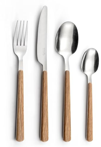 PRADEL ESSENTIEL - Ménagère 24 couverts de table pour 6 personnes - Bosquet - Acier Inoxydable 18/0, Finition Standard - Effet bois (Epaisseur 2 mm)