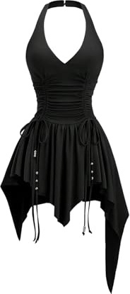GORGLITTER Women's Asymmetrical Ruffle Trim Mini Dresses Deep V Halter Neck Ruched Tie Front Club Dress Black Large