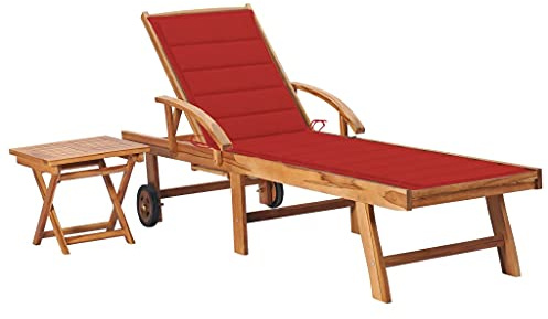 Holamys Lettino prendisole in teak con schienale regolabile, poggiapiedi estraibile, 2 ruote e cuscino rosso per giardino, terrazza e piscina