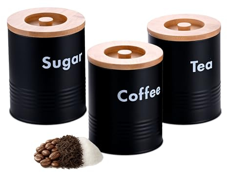 Relaxdays, Set de 3 Botes para café, té, azúcar, Metal, Tapa de bambú, 14 x 11 cm, Recipiente de Cocina, Negro/Natural