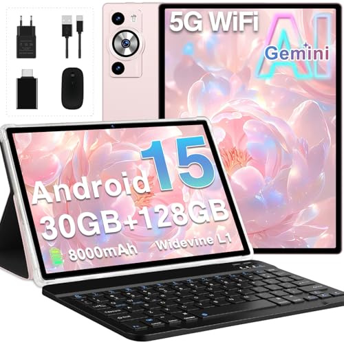 DEERTiME Tablette Android 15 Tablette 10 Pouces,30Go RAM+128Go ROM(TF 2To),Tablette Tactile WideVine L1 FHD,Octa-Core 2.0GHz, 5G WiFi,8000mAh,8+5MP/BT5.0/GPS/Tablette avec Clavier Souris-Or Rose