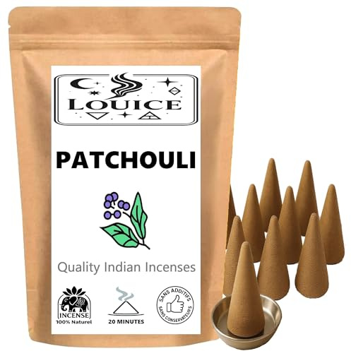 Lot de 10 Cônes d’Encens Senteur Patchouli - 100% Naturel Relaxation, Sérénité & Bien-être – Idéal Méditation, Yoga & Maison Zen + Brûleur Porte Encens côniques Offert