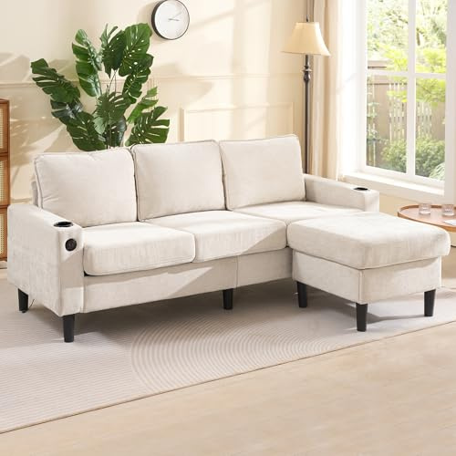 ZONJIE Kleines Ecksofa, L-förmiges 3-Sitzer-Sofa mit USB-/Typ-C-Anschlüssen und 2 Getränkehaltern, Seitentaschen, Sofas & Couchen mit Schlaffunktion fürs Wohnzimmer Zimmer (Beige)
