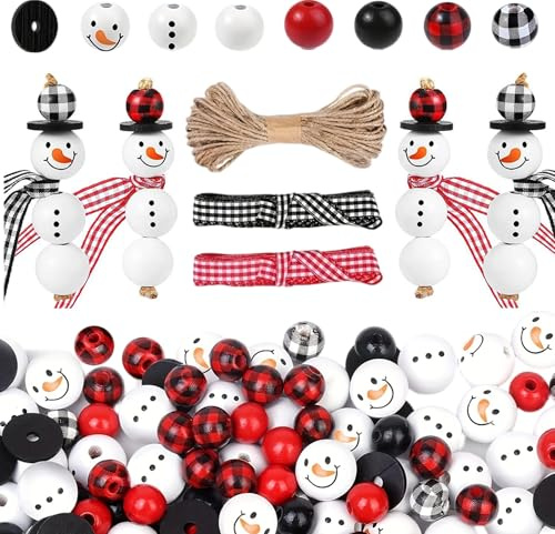 80 perlas de madera de Navidad, muñeco de nieve, bolas de madera de Papá Noel, decoración rústica, muñeco de nieve, bolas de madera con cuerda de cáñamo para manualidades, decoración de Navidad
