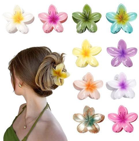 10 Pièces Pinces à Cheveux Fleur, Jolie Grandes Pince Cheveux Fleur Hawaienne Antidérapantes pour Cheveux Épais et Fins, Accessoire Cheveux pour Filles et Femmes, 10 Couleurs