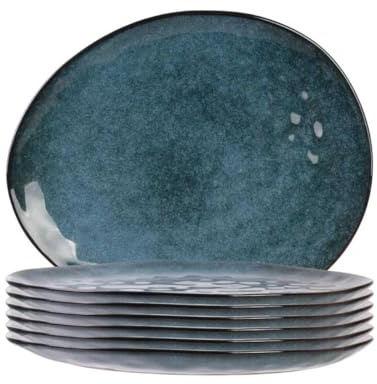 AltoBuy Set de 6 Assiettes à Dessert Galet en céramique au grés du Temps Bleu (22x18cm) - Galet