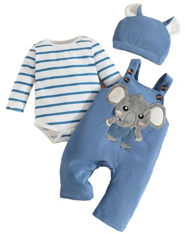 LUVCES Vêtements Bébé Garçon Manches Longues Rayée Barboteuse+Salopette à Bretelles avec Animaux Mignons+Chapeau 3 Pièces Ensemble Tenue d'Automne 3Pcs Éléphant rayé bleu 3-6 Mois
