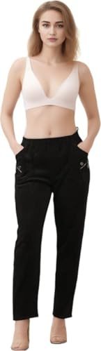 WearAll Women’s Full Length Corduroy Trousers Ladies Stretch Ribbed Straight Leg Pants with Pockets Elastic Waist Casual Pull On Black 18