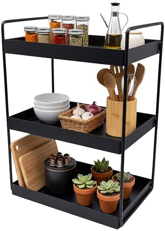 Relaxdays Gewürzregal, 3 Etagen, platzsparend, Küchenorganizer, HBT: 44 x 26 x 18 cm, Bad Organizer, Metall, schwarz