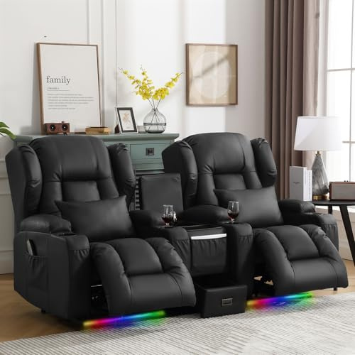 SITURAY Elektrisch Verstellbar Relaxsessel mit Liegefunktion, Kunstleder Fernsehsessel TV Sessel mit Massage und Wärme, Modern Kinosessel mit LED/USB, bis 150 kg (Schwarz, 2 Relaxsessel mit Konsole)