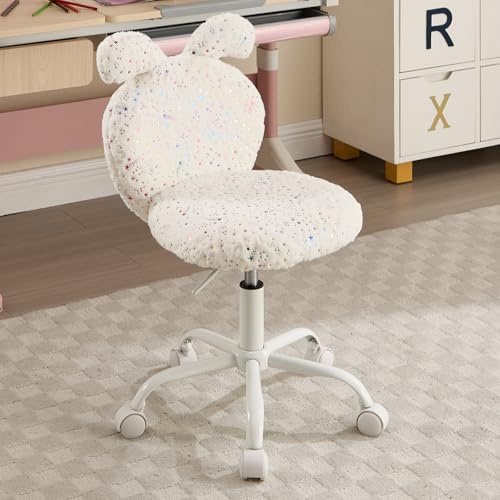 DAYALANE Silla de Escritorio para niños, Silla de Estudio giratoria de Altura Ajustable con Respaldo en Forma de Orejas de Conejo y Tela de Piel sintética para niños y niñas,Color Blanco