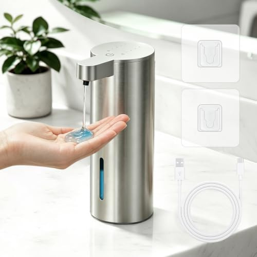 Seifenspender Automatisch, Dalugo 4 Stufen Einstellbar Seifenspender Edelstahl, 400mL Geräuscharm Spülmittelspender USB-C Aufladung für Bad, Küche
