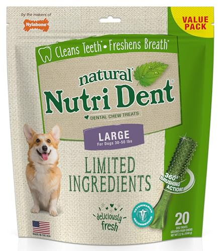Nylabone Nutri Dent Dog Dental Treats - Natural Dog Teeth Cleaning & Breath Freshener - Dental Treats for Dogs - Fresh Breath Flavor, Large (20 Count)