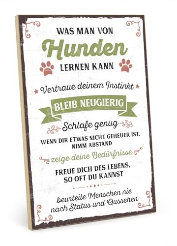 TypeStoff Holzschild mit Spruch – WAS MAN VON HUNDEN LERNEN KANN – im Vintage-Look mit Zitat als Geschenk und Dekoration - HS-00505
