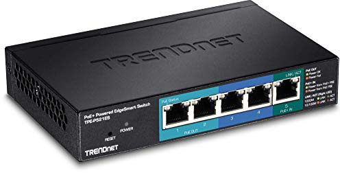 TRENDnet 5-Port Gigabit PoE+ Powered EdgeSmart Switch with PoE Pass Through, 1 x Gigabit PoE+ Input, 2 x Gigabit PoE Output, 2 x Gigabit, 18W PoE Budget, Managed Switch, Wall-Mountable, TPE-P521ES