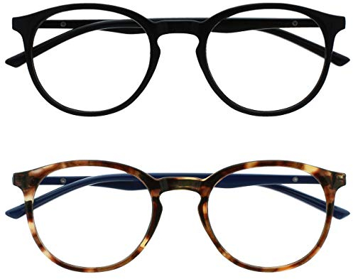 OPULIZE Met Lunettes de Lecture Anti-Lumière Bleue Pack de 2 Montures Rondes et Mincess Charnières à Ressort Améliore le Sommeil Jeux Ordinateur Noir Marron Hommes Femmes BB60-12 +2.00
