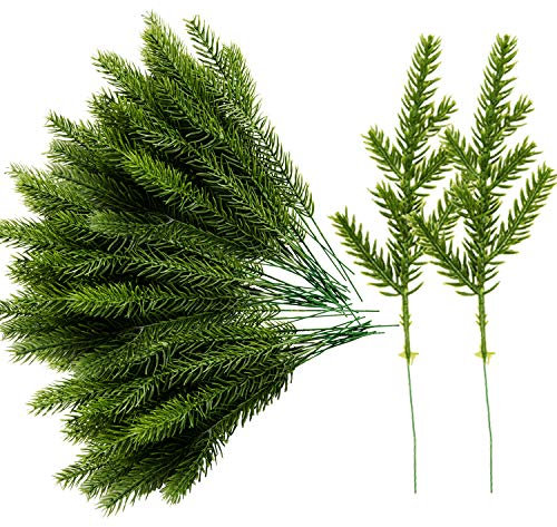 Alpurple 60 Packs Artificial Pine Needles Branches Garland-6.7x2.0 Inch Green Plants Pine Needles,Fake Greenery Pine Picks for DIY Garland Wreath Christmas Embellishing and Home Garden Decoration