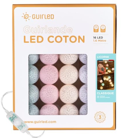 GuirLED - LED-Lichterkette Kugeln Baumwolle USB – Nachtlicht Baby 2 Stunden – Netzadapter – 3 Intensitäten – 16 Kugeln 1.6m – Einhorn