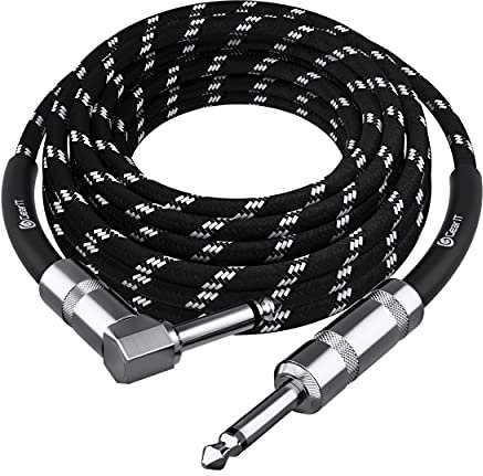 GearIT Audio Instrument Cable (20ft) Right Angle to Straight 1/4 Inch Male to Male for AMP Cord, Base and Electric Guitar - Black/White