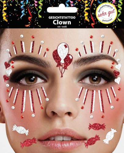 Gesichtstattoo - Glitzer Aufkleber Klebetattoos Temporäres Glitter Face Tattoo Motto Party Karneval Halloween (Clown Rot Weiß)