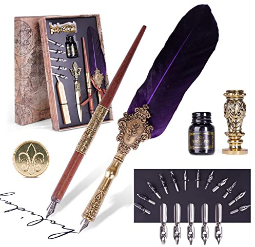 AOMAYLL Kalligraphie Feder Vintage Federkiel Dip Quill Pen | 17 Ersatzspitzen, Stifthalter, Tinte, Siegelstempel, Für Anfänger und Profis