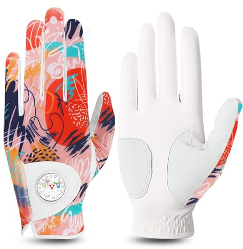 FINGER TEN Women's Golf Gloves - Left & Right Handed, Breathable, All Weather Soft Grip, Anti Slip (Orange, Medium)