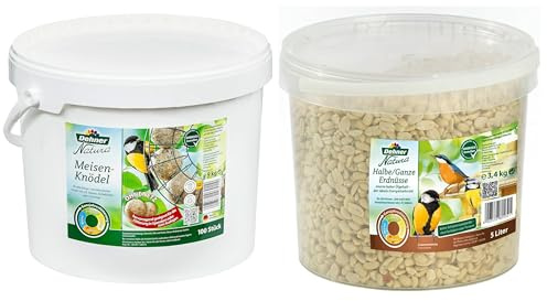 Dehner Natura Wildvogelfutter, Meisenknödel, ohne Netz, 100 Stück (10 kg) & Natura Wildvogelfutter, halbe/ganze Erdnüsse, 5 l (3.4 kg)