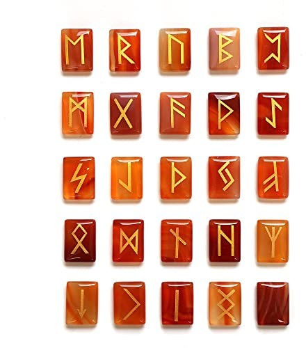WANGCL 25 Pezzi di Pietre runiche di Diaspro Rosso incastonate di Pietre preziose burattate con Parole runiche intagliate per la predizione della Fortuna Crystal Healing Reiki