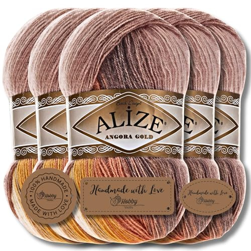 Hobby YARN 3x Etikettenlabel mit Alize Angora Gold Batik Wolle Premium 5x100g als Set, Yarn, Garn, Schurwolle, Farbverlauf, Strickgarn zum Häkeln, Stricken, Kleidung (4741)