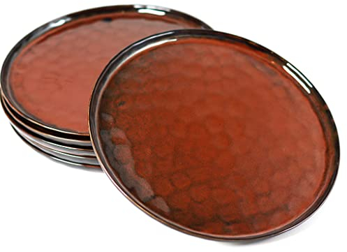 Kadum Juego de 6 platos de cerámica roja, con esmalte de color, 28 cm de diámetro, platos llanos con borde alto, 6 modernos platos de cocina con relieve