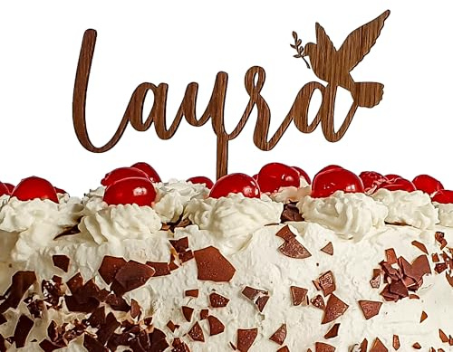 Personalisierter Cake Topper Taube: Tortenstecker mit Name für Taufe, Kommunion, Konfirmation, Firmung (Walnuß)