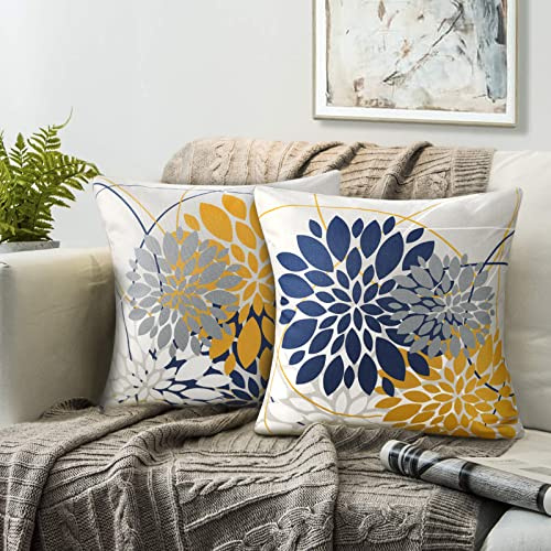 Kissenbezug 40 X 40 Kissenhüllen Dahlie Vier Jahreszeiten Kissenbezüge Bauernhaus Outdoor Kissen Geometrisch Kissenhülle 2er Set Dekokissen Navy Blau Gelb Dekokisse Zierkissenbezüge Für Sofa Couch