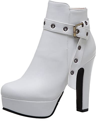 Lroey Reoly Stivaletti da Donna con Tacco a Blocco, Stivaletti da Festa Tacco Alto Punta Rotonda Polacchine Zip Plateau 162 Bianco Numero 35 EU