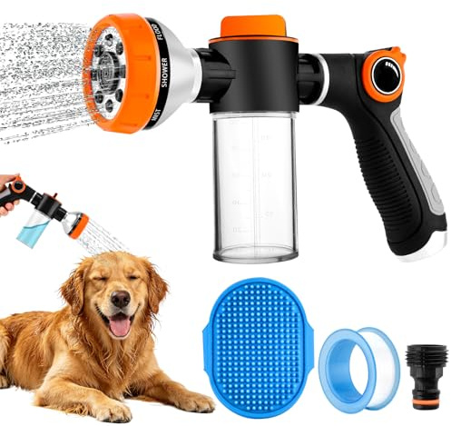 VEEVIIY Dog Wash Hose Attachment, High Pressure Garden Water Hose Nozzle 8 Way Foam Sprayer with Soap Dispenser Bottle for Watering Plants, Car Washing, Pet Showering Bathing Tool