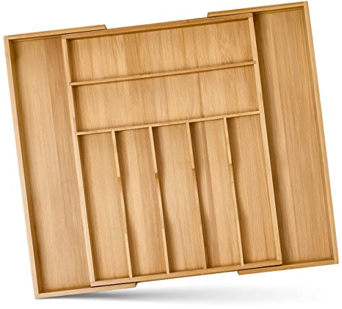 LINFELDT® Besteckkasten für Schubladen Bambus 33-50 cm Verstellbar - Inkl. Anti-Rutsch Noppen - Schubladeneinsatz Küche - Besteck Organizer 5H x 43T x 33-50B cm