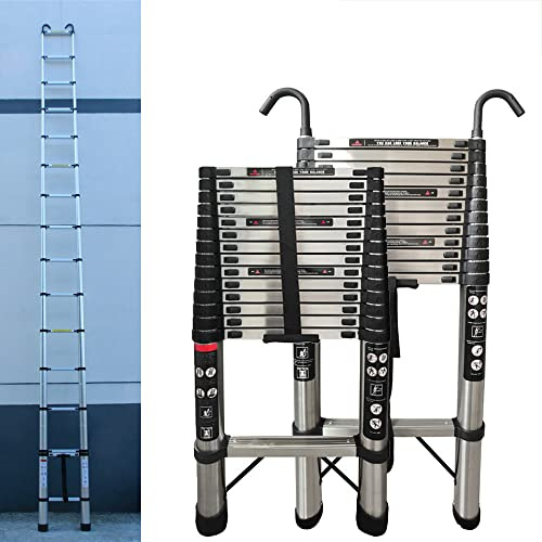 Teleskopleiter Klappleiter Edelstahl, 5m Dachbodenleiter mit 2 Haken, Teleskopleiter Aus Edelstahl, rutschfest Mehrzweck Leiter für Outdoor & Indoor, EN131, 150kg Tragkraft