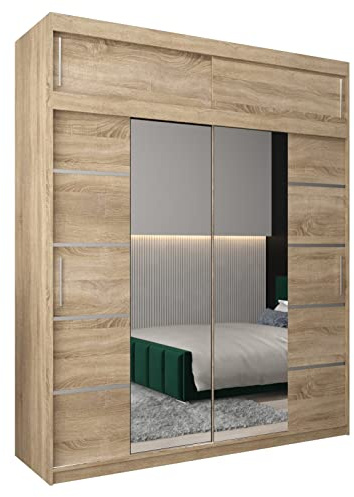 ABIKSMEBLE Verona 4 200 Armadio da Camera a Due Ante Scorrevoli - Armadio Moderno con Specchio, Barra e Ripiani - 200x240x62 cm (L x A x P) - Sonoma con Estensione