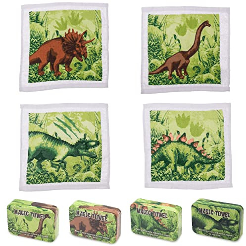 damaloo Zauberhandtuch Dino 4er Set als Mitgebsel - Magische Handtücher die im Wasser aufgehen - Dinosaurier Handtuch Set für Jungen und Mädchen - Magic Towel Kinder Waschlappen - Zauberhandtücher