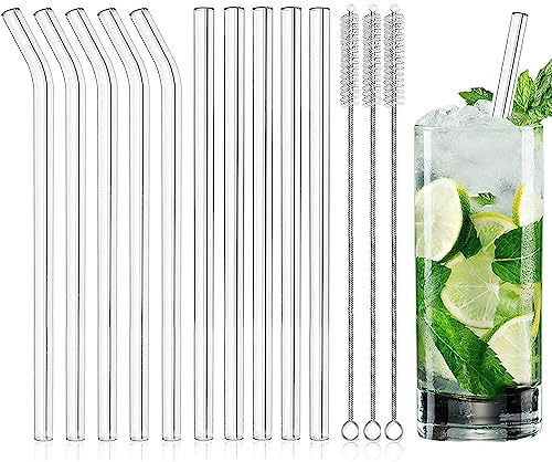 Glasstrohhalme Wiederverwendbar 13 Stück - 5 Gebogene Strohhalme Glas und 5 Gerade Glas Strohhalme 15cm mit 3 Reinigungsbürsten, Geeignet für Bubble Tea, Cocktail, Säfte, Slush