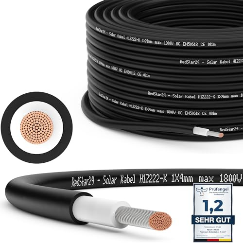 RedStar24 Premium Solarkabel 4mm² Schwarz - 100m - TÜV SÜD geprüft - UV-beständig, flexibel, Photovoltaik Kabel, PV Kabel, Solar Anschlusskabel für Solarpanel, Wechselrichter & Laderegler - langlebig