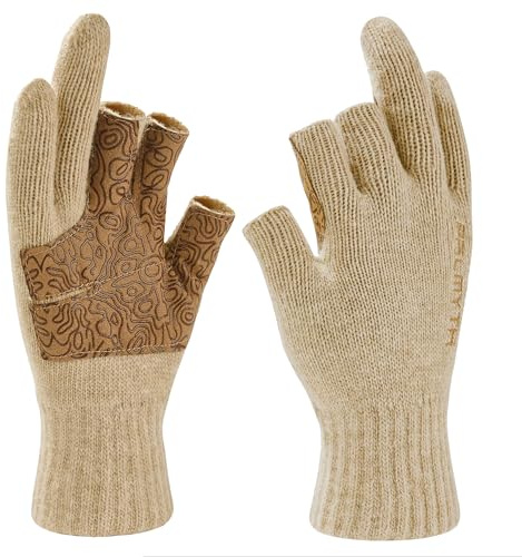 Palmyth Woll-Angelhandschuhe 3 offene Fingerkuppen für Damen und Herren | 55 % Wolle,3 Freie Finger,rutschfeste Handfläche, Elastische Bündchen,für Fliegenfischen, Fotografie und Outdoor Bei Kälte