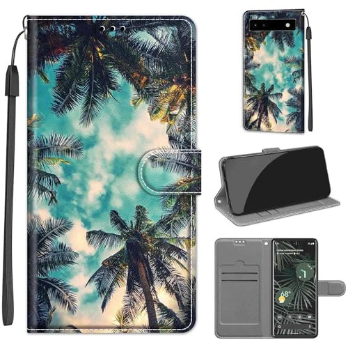 Handyhülle für Google Pixel 6A, Kokosnussbaum | Premium Leder Flip, Klappbar, Stoßfest, Magnetisch, Standfunktion, Kartenfächer, Wallet Handyhülle