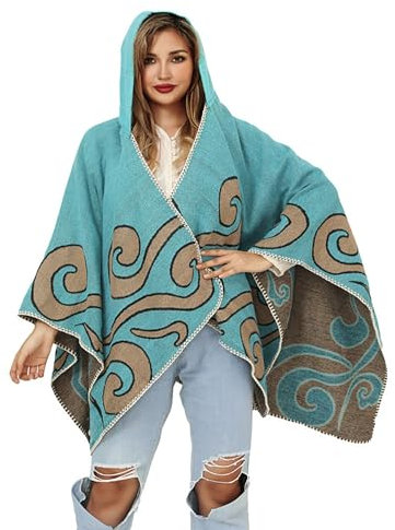 BAILEYU Frauen Gestrickt Poncho Cape Schal mit Kapuze Outwear Vorne Offen Gewebt Strickjacke Mantel Weiblich Herbst Pullover,Blue,One Size