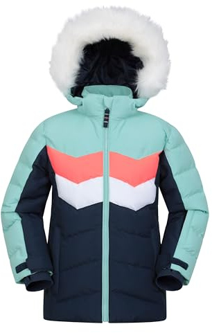 Mountain Warehouse Arctic Padded Kids Ski Jacket - Water Resistant, Breathable, Integrated Snowskirt, Detachable Hood, Faux Fur -For Snowboarding, Winter Sports Light Teal Kids Size 5-6 Years